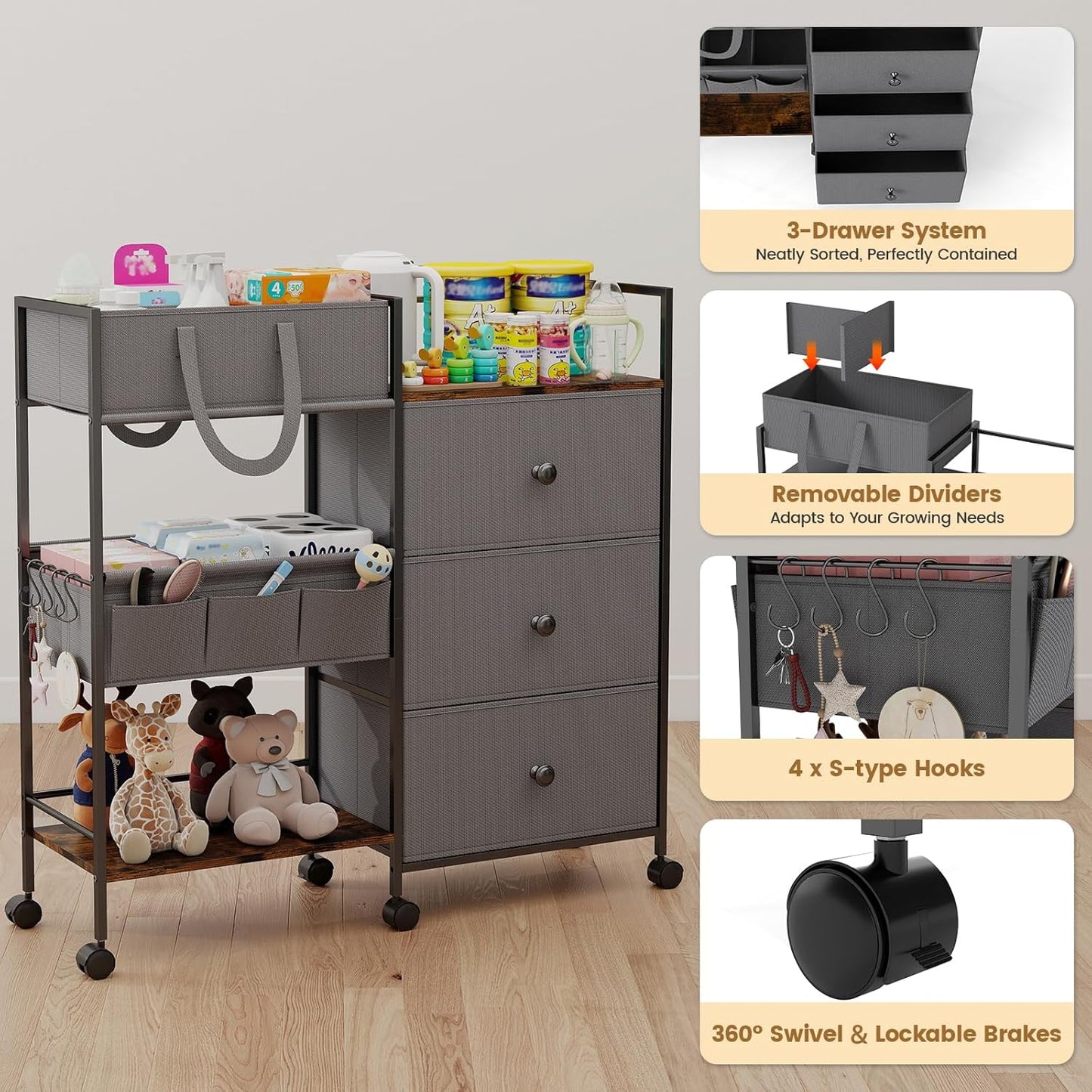 Diaper Caddy Organizer and Storage, 3-Tier Baby Storage Organizers with 2+2 Dividers, Large Capacity Diaper Rolling Cart for Nursery, Diaper Caddy Cart for Crib, Bedroom, Bathroom