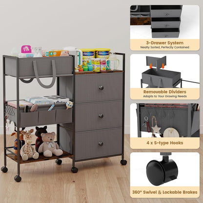 Diaper Caddy Organizer and Storage, 3-Tier Baby Storage Organizers with 2+2 Dividers, Large Capacity Diaper Rolling Cart for Nursery, Diaper Caddy Cart for Crib, Bedroom, Bathroom