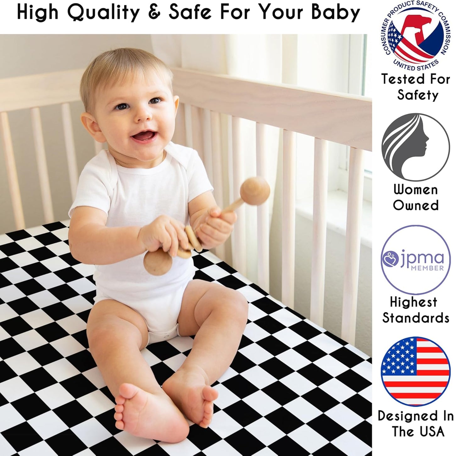Sweet Jojo Designs 2-Piece Baby Bassinet Sheets Set (Black/White Gingham Checkered Plaid) for Boy/Girl, Infant Newborn Nursery, Oval, Rectangle & Hourglass Mattress (Solid Onyx & Classic Checkerboard)