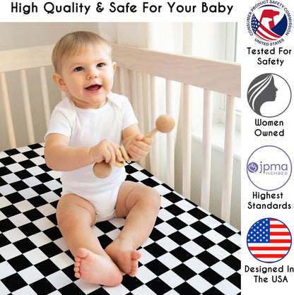 Sweet Jojo Designs 2-Piece Baby Bassinet Sheets Set (Black/White Gingham Checkered Plaid) for Boy/Girl, Infant Newborn Nursery, Oval, Rectangle & Hourglass Mattress (Solid Onyx & Classic Checkerboard)