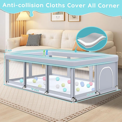 Fshibila 74" ×50" Large Baby Playpen, Baby Playard for Babies and Toddlers, Baby Fence Play Pens for Indoor & Outdoor, Sturdy Safety Play Yard with Soft Breathable Mesh, Anti-Fall, Grey