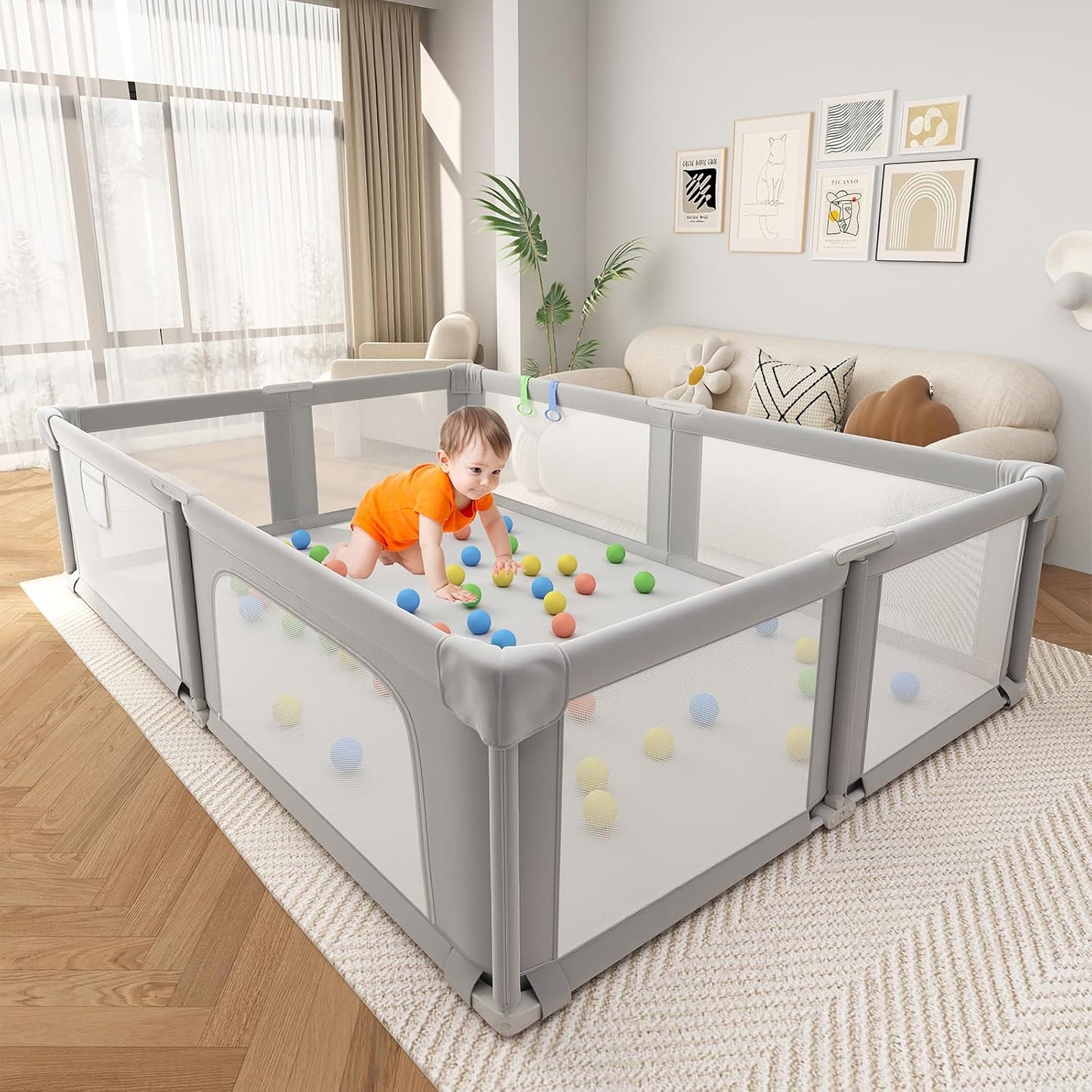 Foldable Playpen for Babies and Toddlers, 51" Portable Play Pen with Mat and Ocean Balls, Play Yard with with Visible Mesh for Inddor and Outdoor, No Assembly Required, Dark Gray