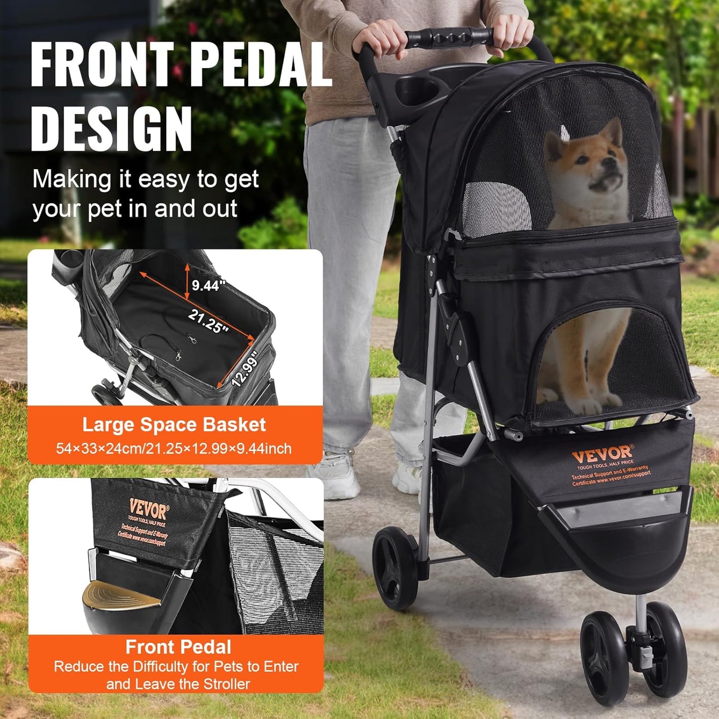 VEVOR Pet Stroller, 44 lbs Weight Capacity, Foldable Dog Cart, 4 Wheels Cats Stroller with Mesh Windows & Revrsible Handle, Portable Pet Carrier with Brake, for Small to Medium Pets