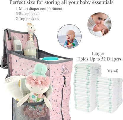 Hanging Diaper Caddy - Baby Diaper Organizer for Changing Table - Diaper Stacker for Crib, Playard or Wall - Newborn Diaper Holder (Pink)