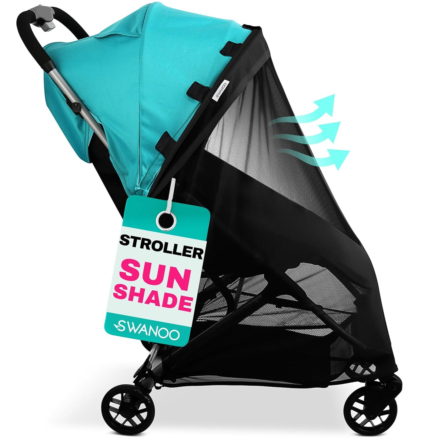 Swanoo Stroller Sun Shade Cover, Mosquito Net for Stroller Shade Extender with Magnetic Tabs Block 70% of UV Rays, Bug Net Sun Protection Baby Stroller Accessories Stroller Canopy