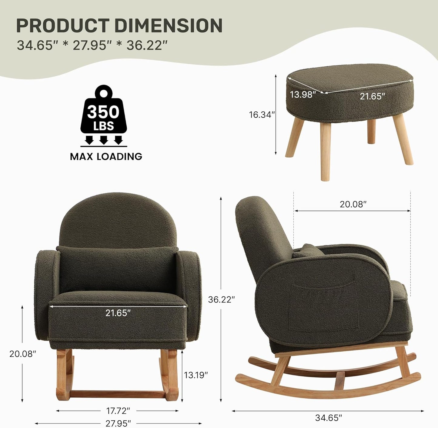 HCHAIRH Nursery Rocking Chair with Ottoman, Upholstered Glider Rocker with High Backrest Side Pocket, Rocking Accent Armchair with Solid Wood Legs for Nursery, Living Room, Bedroom, Light Grey