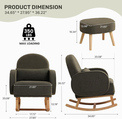 HCHAIRH Nursery Rocking Chair with Ottoman, Upholstered Glider Rocker with High Backrest Side Pocket, Rocking Accent Armchair with Solid Wood Legs for Nursery, Living Room, Bedroom, Light Grey