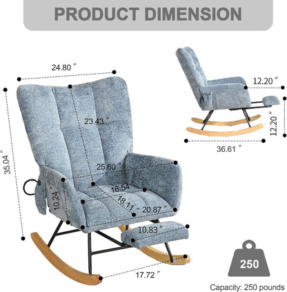 Rocking Chair Nursery with Airbag, Comfy Modern Nursery Rocking Reading Chair indoor with Footrest, Cozy Upholstered Glider Rocker Chairs for Living Room Bedroom Offices(Chenille, Dark Grey)