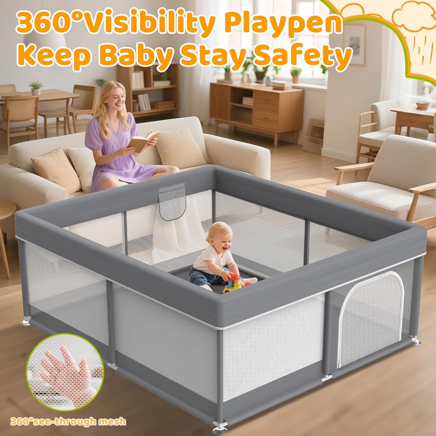 Foldable Baby Playpen: 71” x 59” Super Large Playpen for Babies and Toddlers - Portable Play Pen for Babies with Breathable Mesh & 2 Pulling Handle - Baby Play Yard for Outdoor & Indoor
