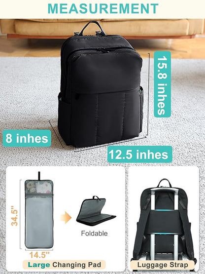 MOMINSIDE Diaper Bag Backpack - Extra Large Puffer Diaper Bag - Neoprene Diaper Bag Quilted Baby Bag for 2 Kids Boys Girls, Large Changing Pad, 15 Pockets, Black