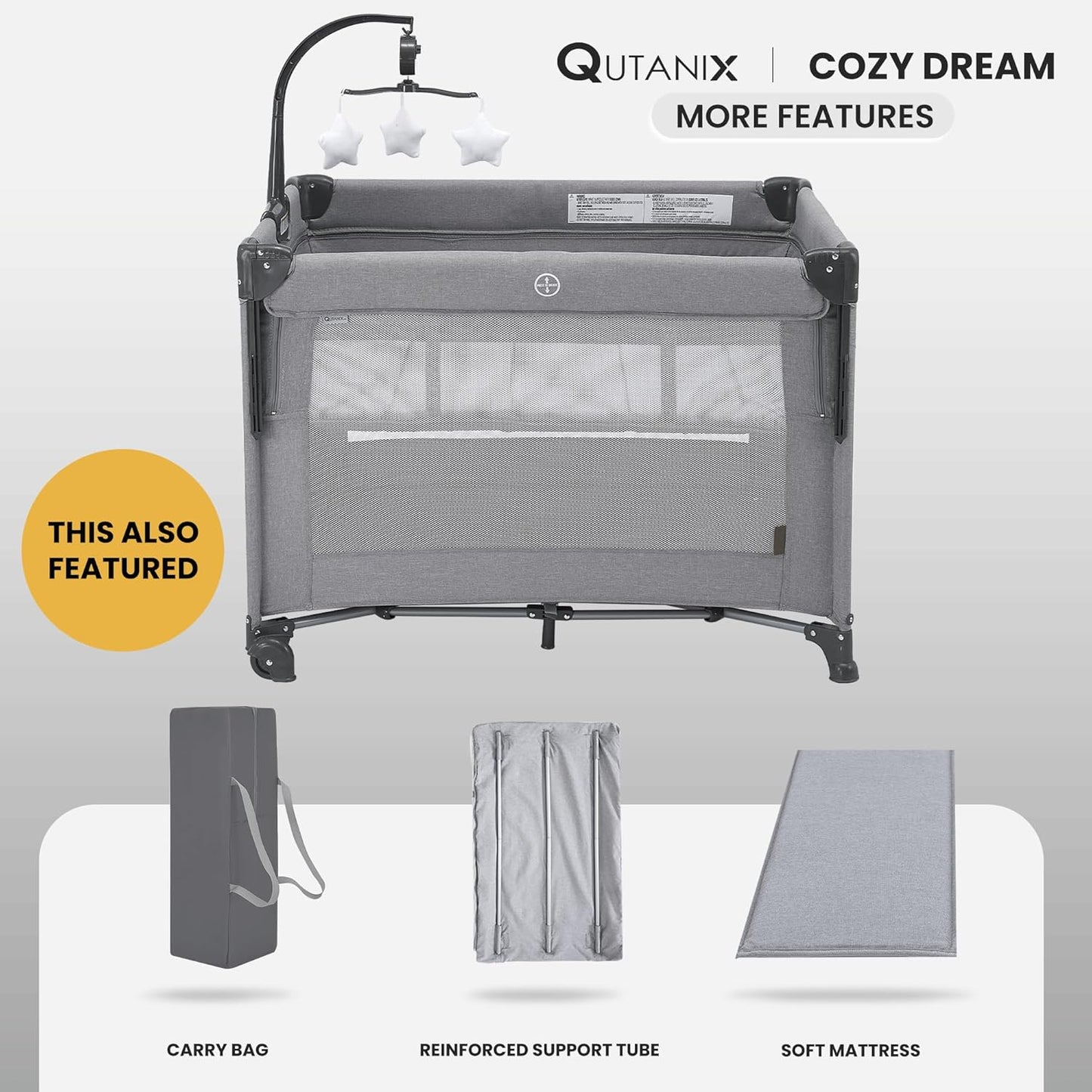 QUTANIX 2-in-1 Pack and Play with Mattress,Baby Bassinet Bedside Sleeper, Bedside Bassinet & Baby Playpen, Easy Folding Portable Crib for Newborn to Toddlers (Dark Grey)