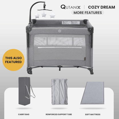 QUTANIX 2-in-1 Pack and Play with Mattress,Baby Bassinet Bedside Sleeper, Bedside Bassinet & Baby Playpen, Easy Folding Portable Crib for Newborn to Toddlers (Dark Grey)