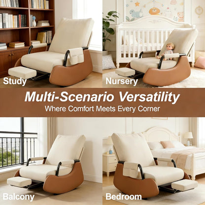 JPBSTO Rocking Chair Nursery, Upholstered Glider Rocking Chair with Side Pocket and Adjustable High Backrest, Comfortable Rocker Recliner with Footrest Perfect for Living Room Bedroom, Beige