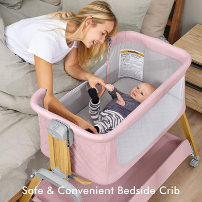 TotRun Bassinet Bedside Sleeper, Rocking Bassinets with Comfy Mattress and Wheels for Newborn, 5-Height Adjustable (Black)