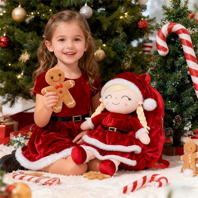 Gloveleya Plush Backpacks Toddler Backpack Removable Doll and Backpack Christmas Gifts Baby Girl Gift For 2 to 8 Years Girl Birthday Gifts With Red Doll