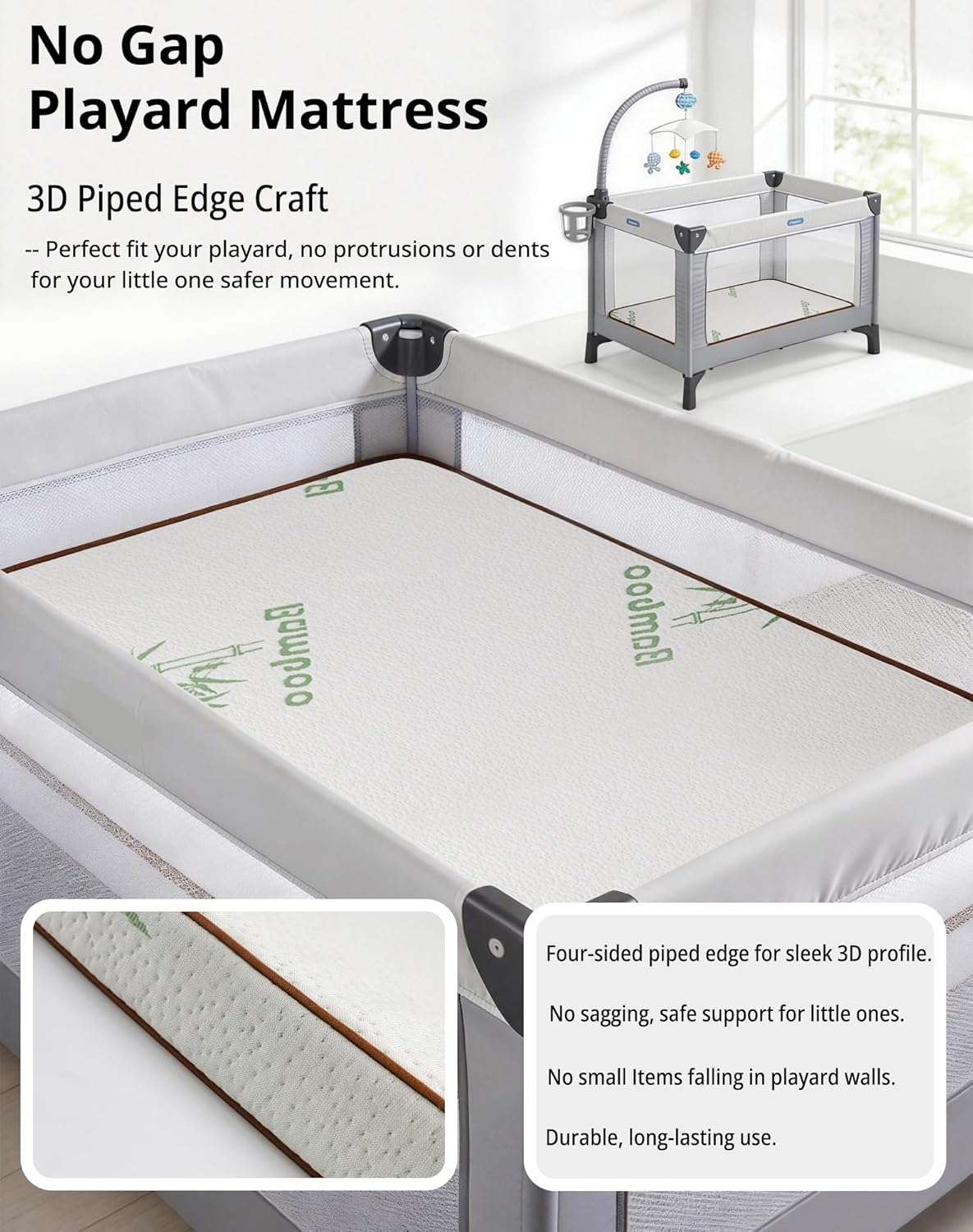 Pack and Play Mattress 38"x26" Playard Baby Pad for Pack n Play, No Gap Safer 3D Piped Edge, 1.5" Thick Medium Firm, Breathable Waterproof Washable Cover, White