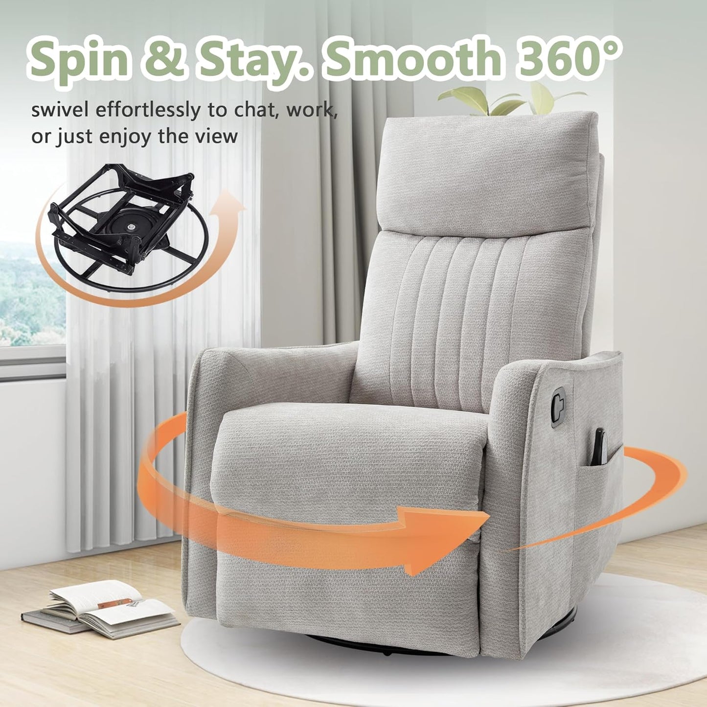 cinkehome Swivel Rocker Recliner, Glider Rocker Recliner Chair for Nursery, Manual Reclining Chair with Heated Massage, Small Spaces, Living Room, Khaki Chenille