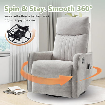 cinkehome Swivel Rocker Recliner, Glider Rocker Recliner Chair for Nursery, Manual Reclining Chair with Heated Massage, Small Spaces, Living Room, Khaki Chenille