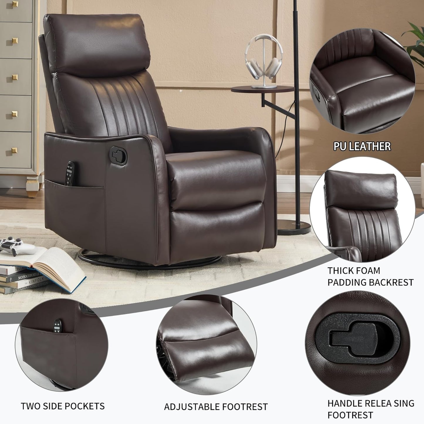 Swivel Rocker Recliner Chair for Adults, Nursery Rocking Chair with Heat and Massage, Glider Reclining Chair for Small Space Living Room Bedroom, Faux Leather Black