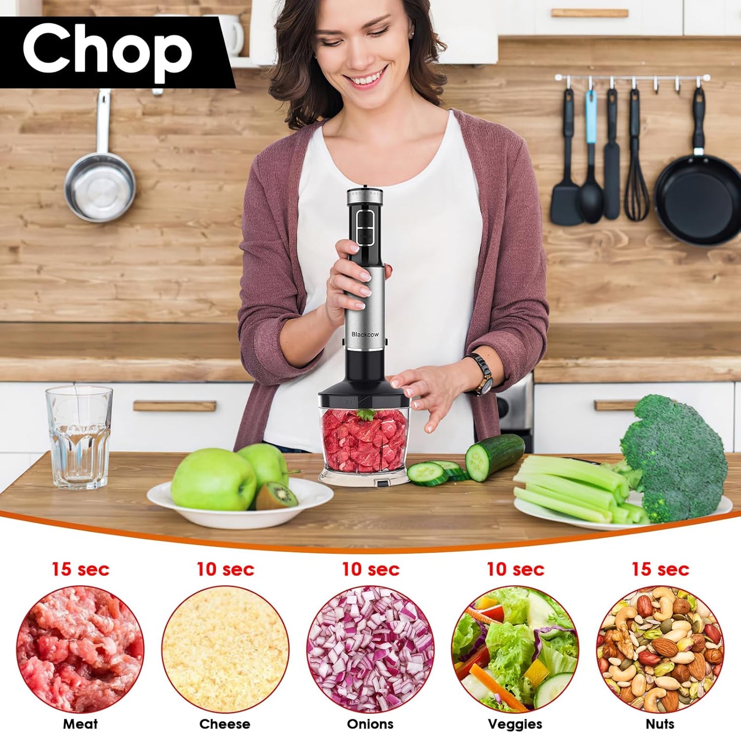 Blackcow Immersion Blender Handheld, 800W Powerful Electric Hand Blender with Titanium Alloy Blades, 12 Speeds & Turbo, Electric Hand Mixer for Smoothies, Soups, Baby Food and Purees