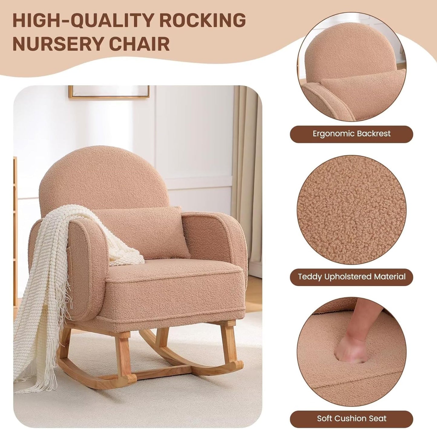 HCHAIRH Nursery Rocking Chair with Ottoman, Upholstered Glider Rocker with High Backrest Side Pocket, Rocking Accent Armchair with Solid Wood Legs for Nursery, Living Room, Bedroom, Light Grey