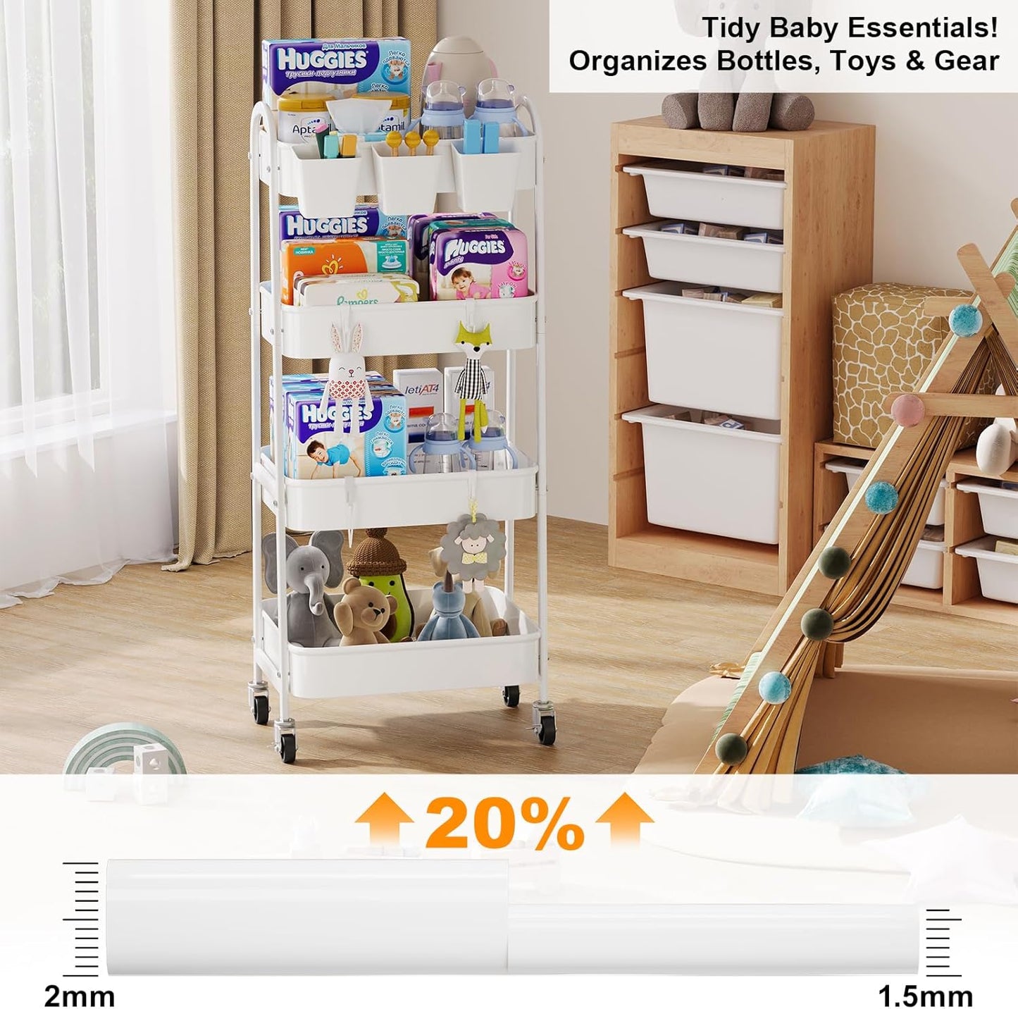 3 Tier Heavy Duty White Metal Rolling Cart with Lockable Wheels, Three Tier Roller Book Snack Cart, Utility Storage Organizer Carts for Kitchen, Bathroom, Garage, Baby Diaper, Craft, Art, Teacher