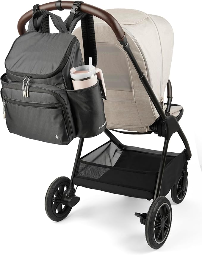 Skip Hop Diaper Bag Backpack with Portable Changing Pad Adjustable Pocket for 30 oz Tumblers 9 Total Pockets Insulated Packing Cubes Luggage Sleeve & Stroller Straps Fits a 14” Laptop Forma Next Black