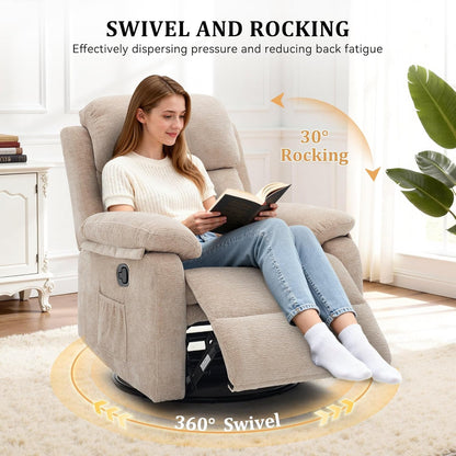 Korser Recliner Chair, 360 Swivel Rocker Chair for Adults, Small Rocking Recliner for Small Spaces, Upholstered Fabric Glider Recliner Nursery