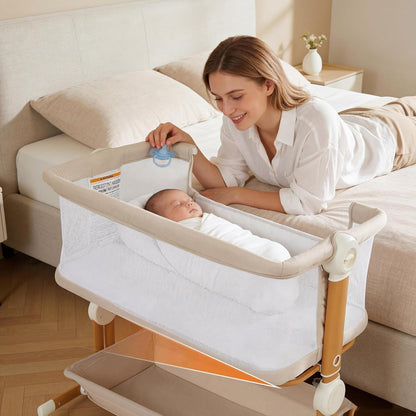 Garvee 3-in-1 Baby Bassinet, Bedside Sleeper for Newborn, 6 Height Adjustable, Full Mesh Breathable Side, Lockable Wheels, Large Storage, Portable Rocking Crib for Night Feeding, ASTM & CPC Certified