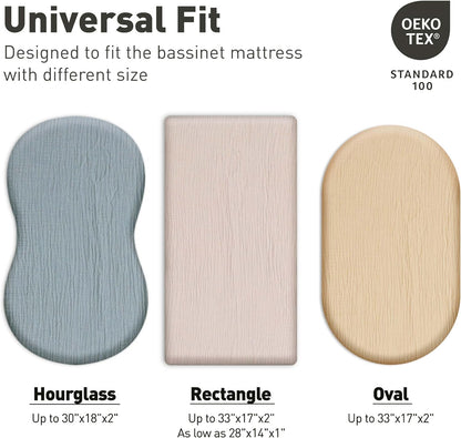 Muslin Bassinet Fitted Sheets 2 Pack, Soft Breathable Cotton Baby Bassinet Mattress Sheet Set, 360° Elastic Snug Fit, Universal for Oval, Rectangle & Hourglass Cradle, Unisex Baby Bedding (Cute Cars)