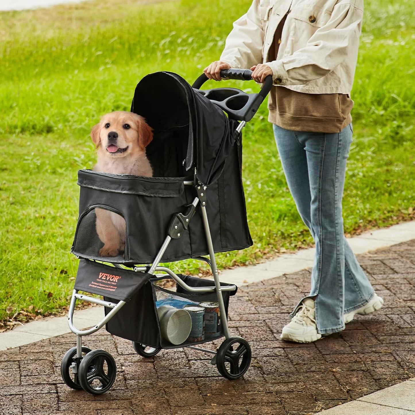 VEVOR Pet Stroller, 44 lbs Weight Capacity, Foldable Dog Cart, 4 Wheels Cats Stroller with Mesh Windows & Revrsible Handle, Portable Pet Carrier with Brake, for Small to Medium Pets