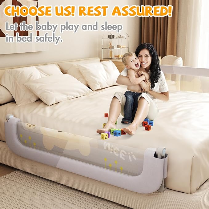 Bed Guard Rail for Toddlers - 60 inches Lift Foldable Toddler Bed Rails for Kids - Safety Baby Bed Rail Guard with Reinforced - Great Fit for Kids Twin Double, Full Size, Queen, King Size Bed