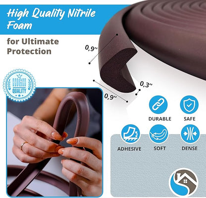 Premium 12ft Edge Protector for Baby, Odorless & Waterproof Foam Cushion with 3M Adhesive Tape, Non-Toxic to Baby Proof Corners and Edges, Wall Corner Protector & Desk Edge Cushion Brown