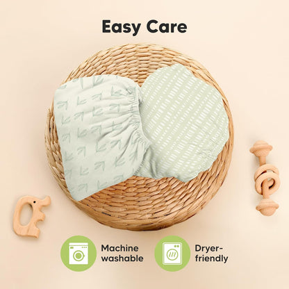 2-Pack Waterproof Pack and Play Sheets, Mini Crib Sheets Fitted for Boy, Girl - 38 x 26 Viscose from Bamboo Pack N Play Mattress Sheets for Graco, Toddler Playard Baby Crib Sheets Neutral (Blue Flax) - Colors B