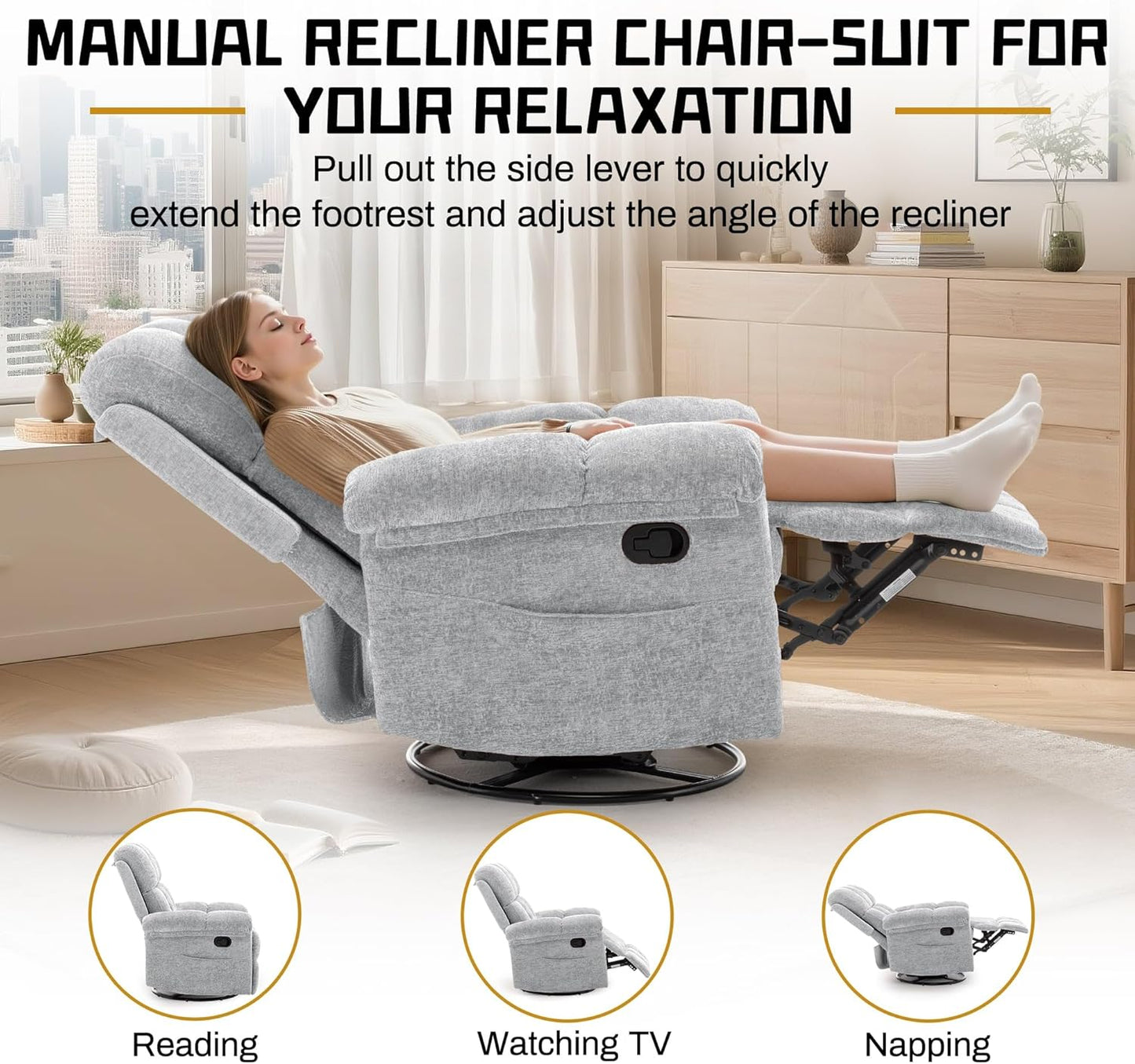Korser Recliner Chair, Swivel Rocker Recliner Chair for Adults, Small Recliners for Small Spaces, Upholstered Manual Recliner with Side Pockets, Nursery Rocking Chair for Living Room, Chenille, Beige
