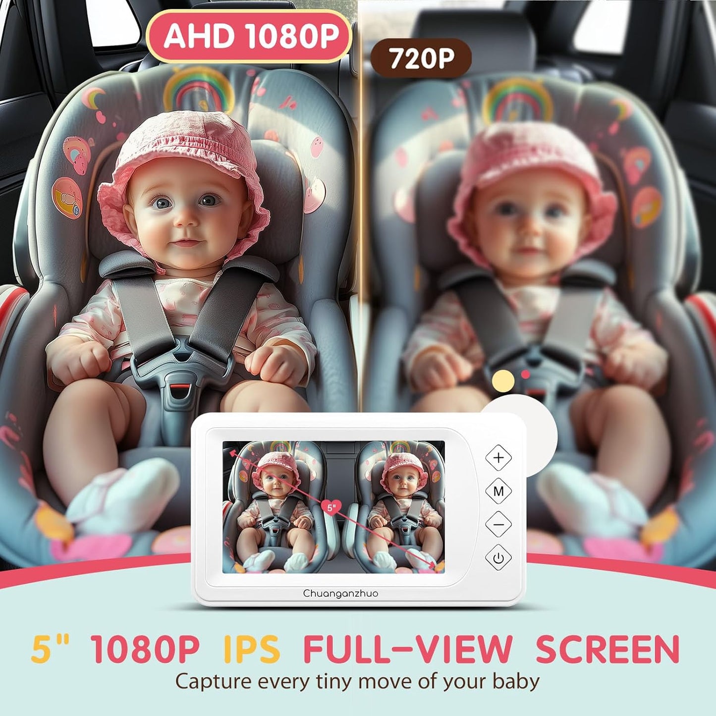 Baby Car Camera USB with No.1 Clarity, 5'' HD 1080P IPS Baby Car Monitor with 3X Zoom, Backseat/Carseat/Rear Seat Camera with Ultra Night Vision, Easy No-Damage Install, S100P(5inch Black)
