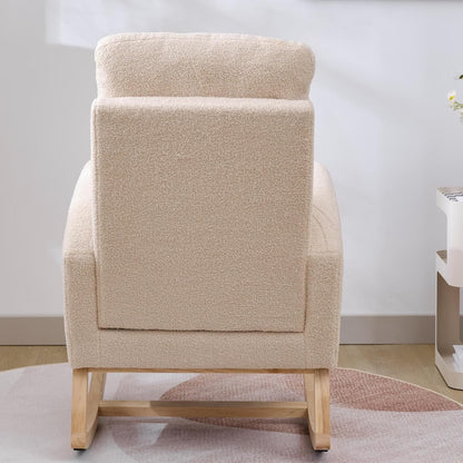Nursery Rocking Chair with Solid Wood Legs, Glider Chair for Nursery with Two Side Pockets, Rocker Armchair for Living Room Bedroom (Ivory White, Teddy Fabric)