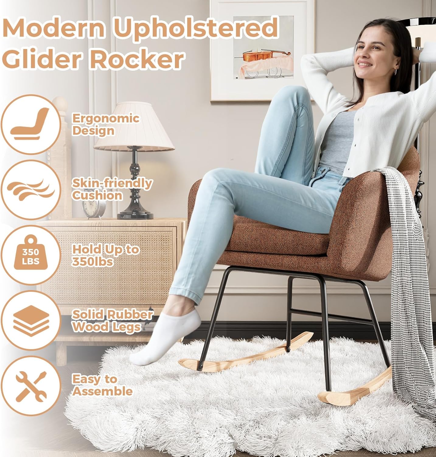 GarveeHome Nursery Rocking Chair, Upholstered Chenille Glider Rocker Chair, Modern Armchair With Wood Legs, Indoor Comfy Accent Chair Nursing Chairs Holds Up to 350 LBS for Living Room, Bedroom, Beige