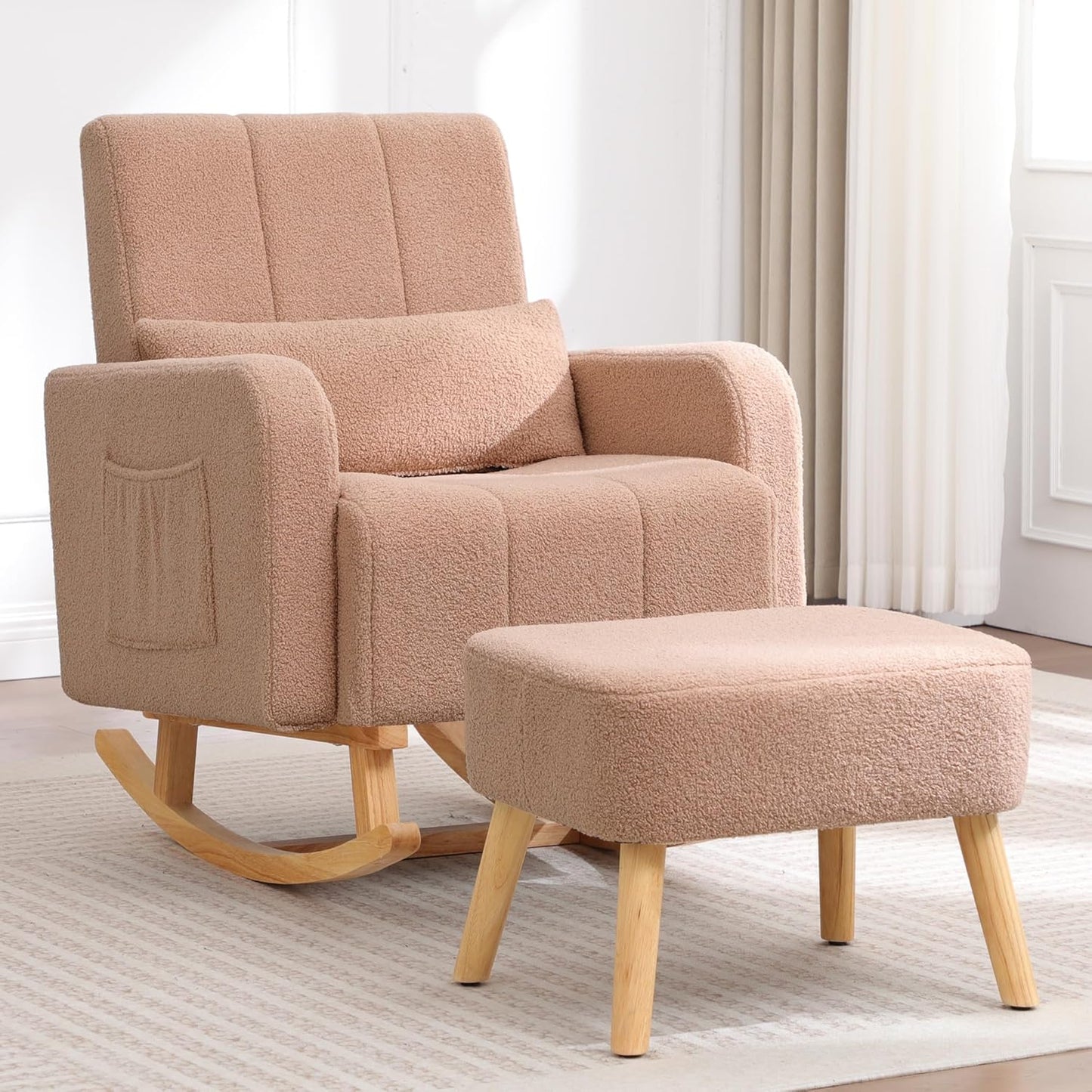HCHAIRH Nursery Rocking Chair with Ottoman, Upholstered Glider Rocker with High Backrest Side Pocket, Rocking Accent Armchair with Solid Wood Legs for Nursery, Living Room, Bedroom, Light Grey
