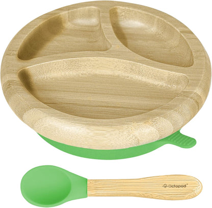 Abiie Octopod Bamboo Dish - Kids Plates for 4 months and up, 3-Compartment Baby Plates with Suction, Triangle Bamboo Baby Plate, Mess-Free Toddler Suction Plates, Baby Feeding Supplies, 8.3x1.9x7.7 in