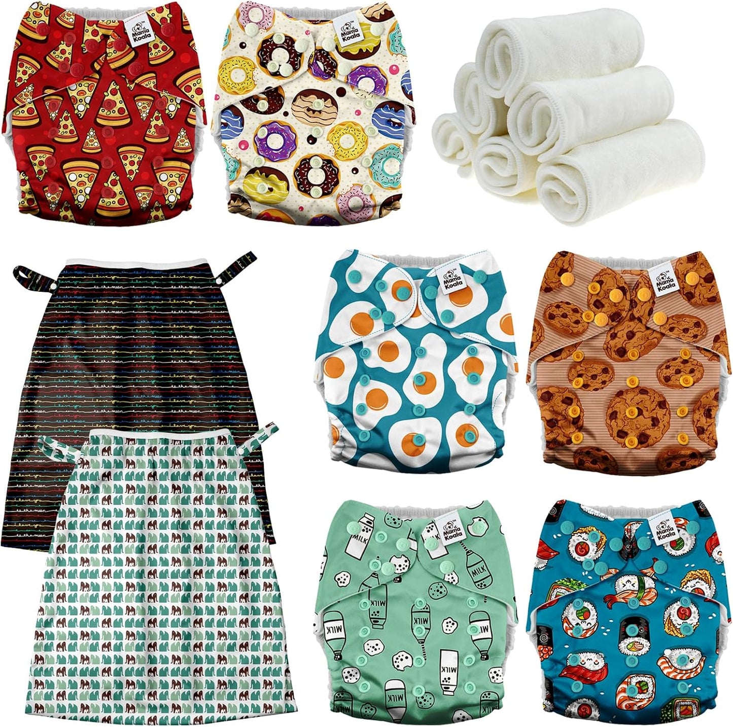Mama Koala 3.0 Baby Cloth Diapers with 6 Inserts Bundle(Food Meeting), with 2 Pack Reusable Pail Liner