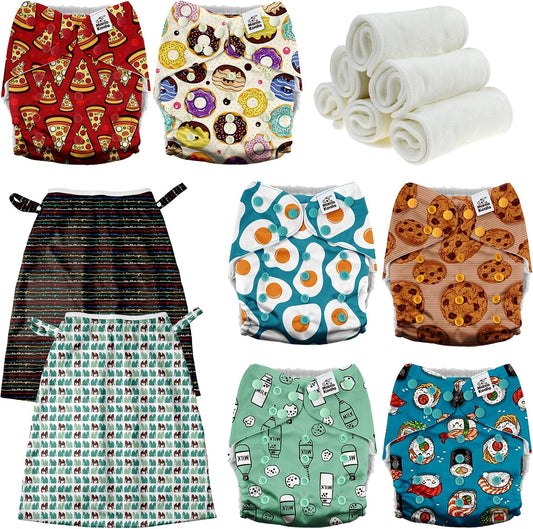Mama Koala 3.0 Baby Cloth Diapers with 6 Inserts Bundle(Food Meeting), with 2 Pack Reusable Pail Liner