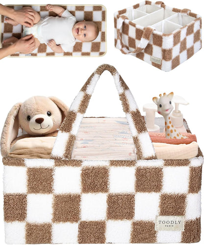 Baby Diaper Caddy Organizer with Portable Changing Mat - Teddy Fleece Diaper Organizer for Changing Table - Basket for Changing Essentials - Baby Essentials Organizer with Removable Dividers