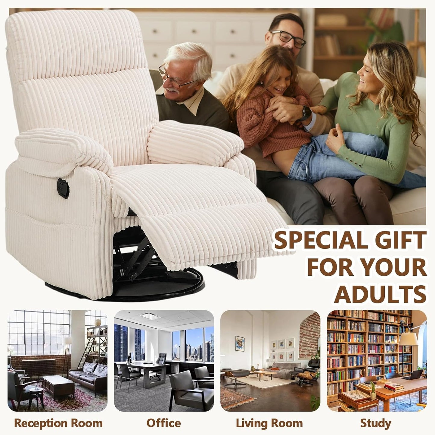 Manual Small Recliner Rocking Chair for Nursery/Relaxation, Corduroy Swivel Glider Recliner for Living Room Bedroom, Brown Rocking Chair Nursery Recliners for Small Spaces, Side Pockets (Brown)