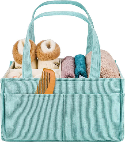Baby Diaper Caddy Organizer - Portable Nursery Storage Basket for Newborn Essentials, Foldable Diaper Bag Organizer for Baby Shower Gifts and Registry Must-Haves, Car Organizer with Dividers (Blue)
