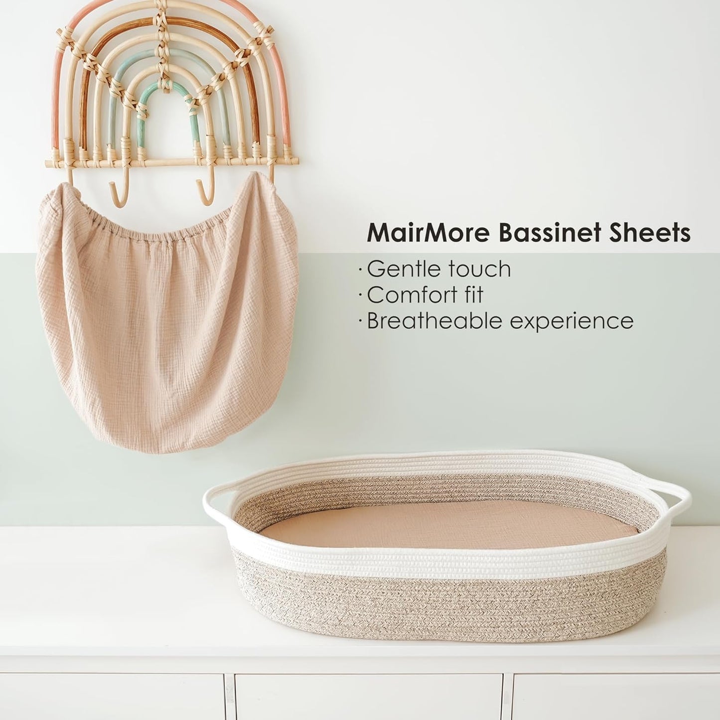 MairMore 2 Pack Muslin Fitted Bassinet Sheets for Babies, Soft & Breathable 100% Cotton Bedside Sleeper Bassinet Sheet, Moses Basket Oval Rectangle Pad/Mattress (Pink Blossom)