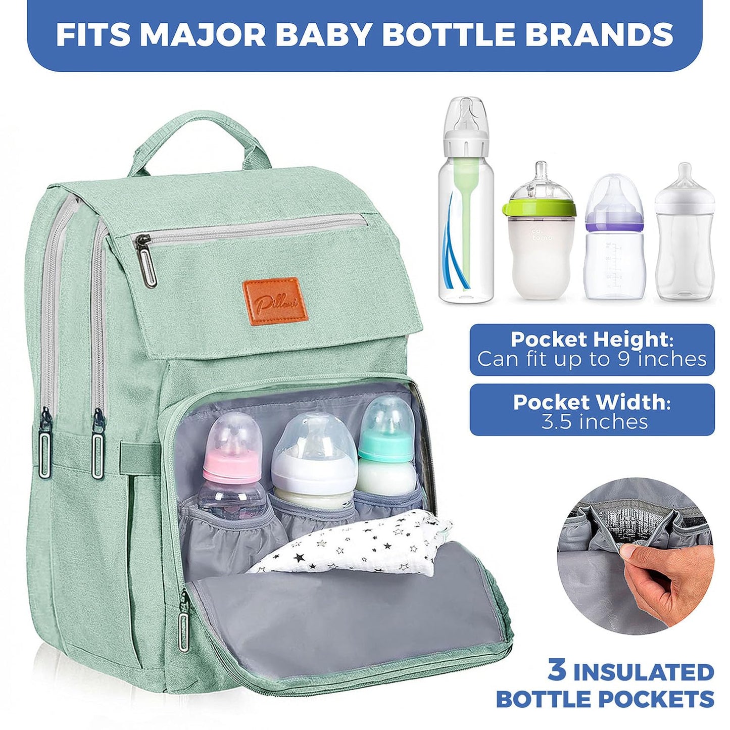 PILLANI Baby Diaper Bag Backpack - Large Waterproof Travel Diaper Bag for Boys & Girls, 16 Organizer Pockets with Changing Pad, Insulated Bottle Pockets & Stroller Straps, Baby Shower Gifts, Dinosaur