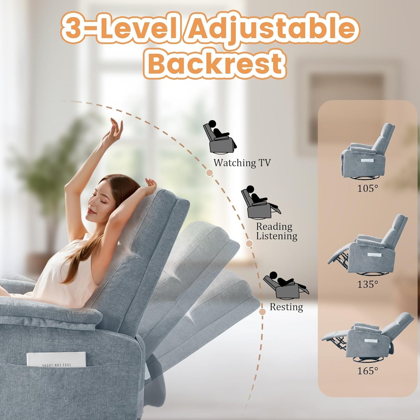 Korser Recliner Chair, Swivel Rocking Recliner Chair for Adults, Glider Rocking Chair, Small Nursery Chair Recliner for Living Room, Reclining Chair with Modern-Designed Armrests, Chenille, Beige