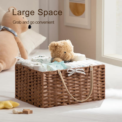 HBlife Large Diaper Caddy Organizer, Washable Waterproof, Portable Plastic Wicker Woven Basket with Divider, Nursery Diaper Station, Baby Shower Gifts Basket & Car Organizer