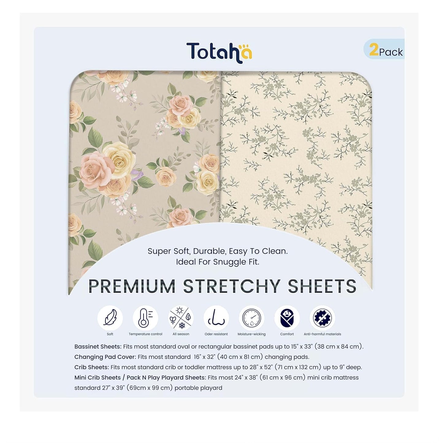 TotAha Premium Stretchy Bassinet Sheets for Baby Girl, Silky Comfort Cradle Sheets Fitted 18 x 36 for Oval, Rectangular, Hourglass Mattress, Hypoallergenic, Buttery Soft 2-Pack (Floral & Pale Pink)